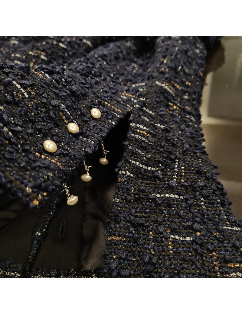 Veste T34  CHANEL en tweed bleu et noir avec fils argenté et doré