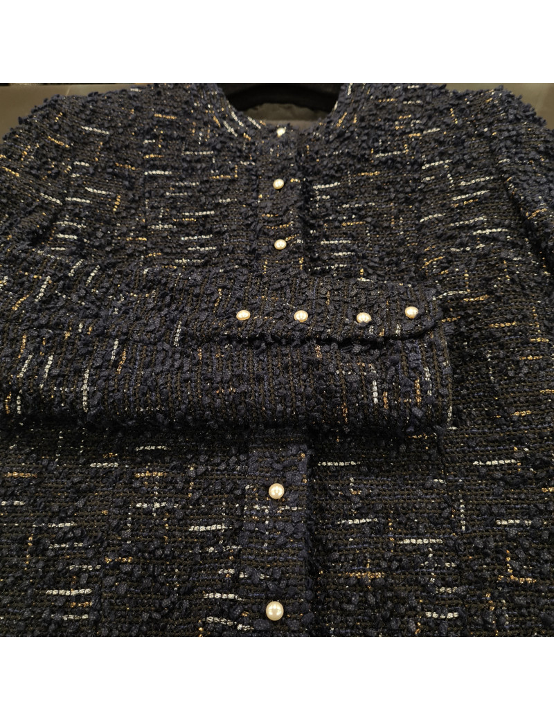 Veste T34  CHANEL en tweed bleu et noir avec fils argenté et doré