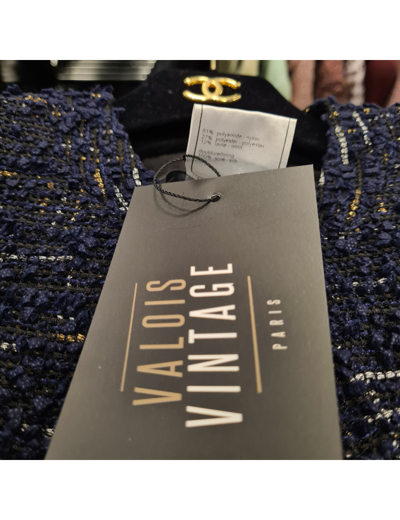 Veste T34  CHANEL en tweed bleu et noir avec fils argenté et doré