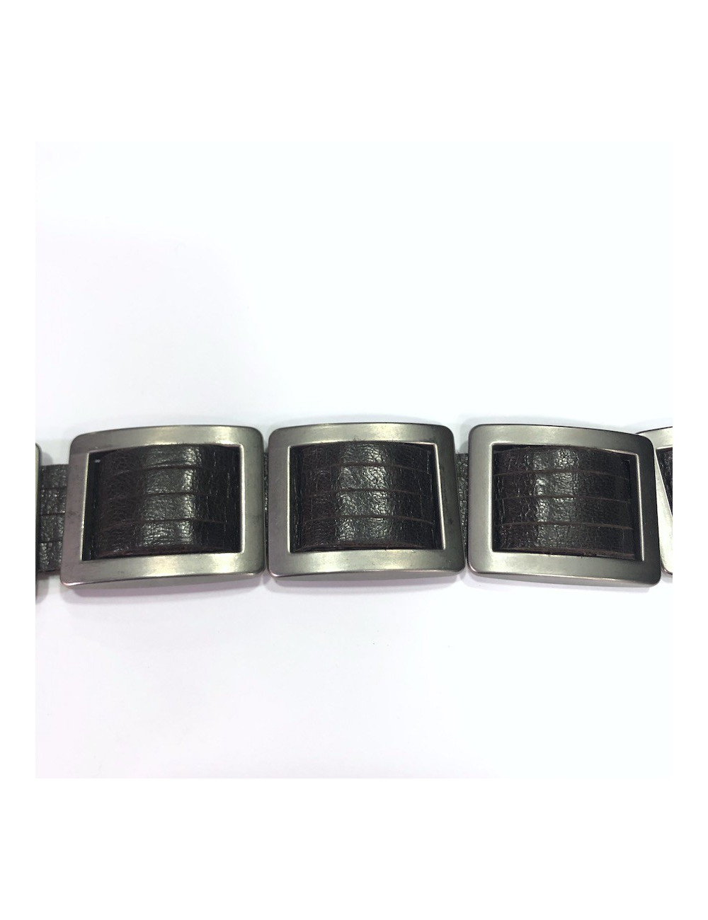 Ceinture CHANEL marron en cuir et boucles carrées argent