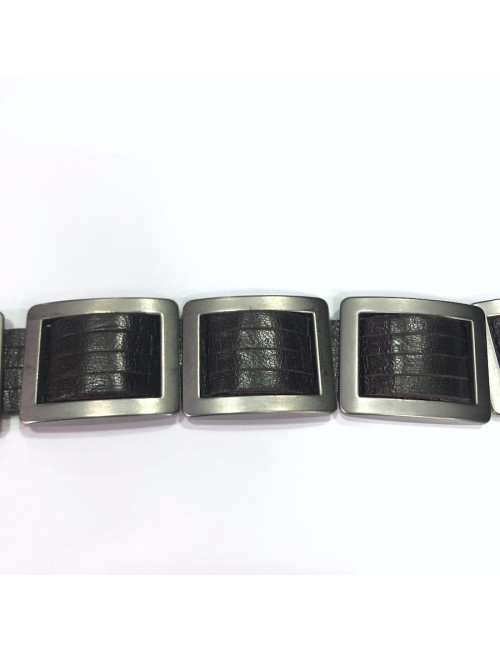 Ceinture CHANEL marron en cuir et boucles carrées argent