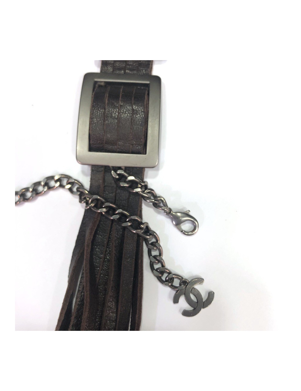 Ceinture CHANEL marron en cuir et boucles carrées argent