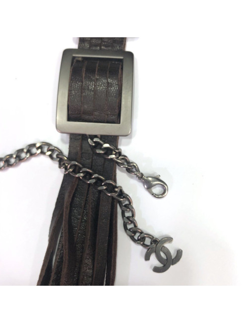 Ceinture CHANEL marron en cuir et boucles carrées argent