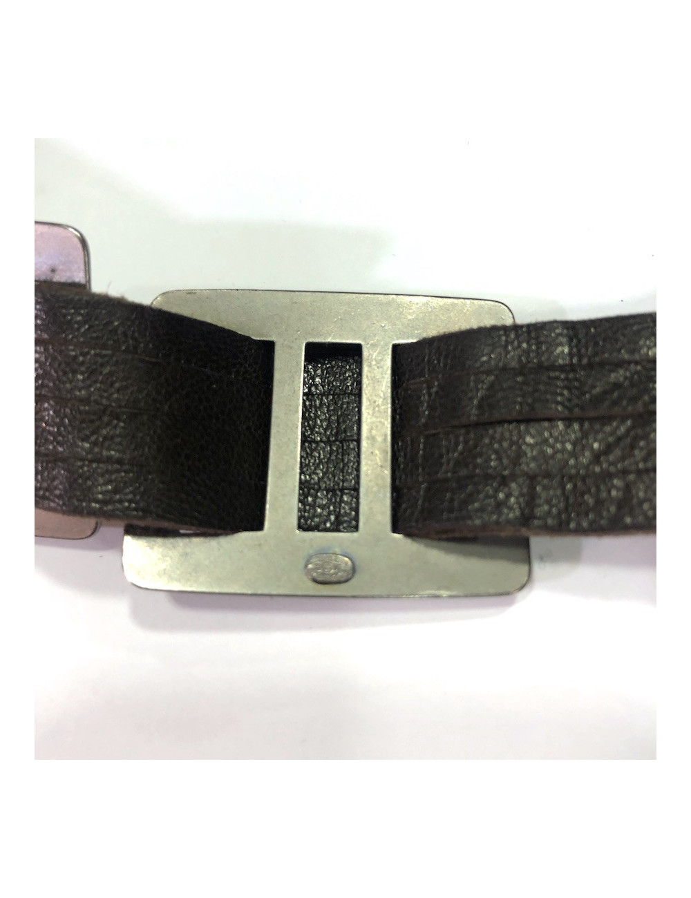 Ceinture CHANEL marron en cuir et boucles carrées argent