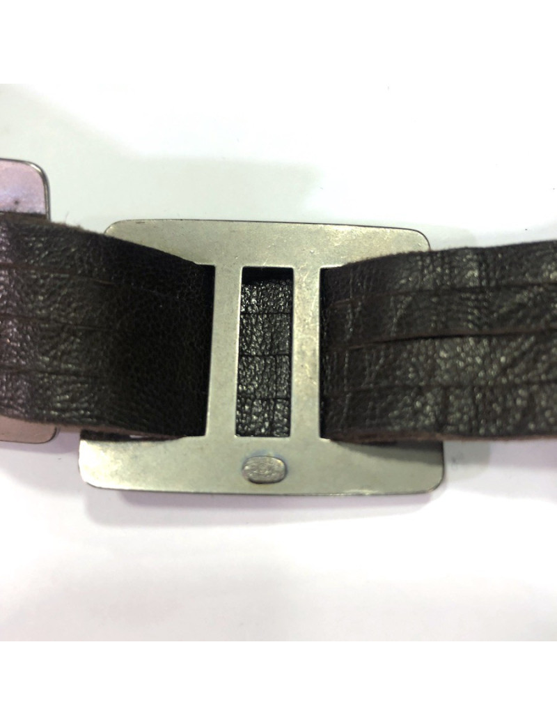 Ceinture CHANEL marron en cuir et boucles carrées argent