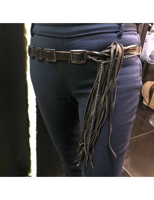 Ceinture CHANEL marron en cuir et boucles carrées argent