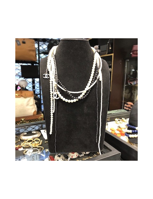 Chanel Long Multi Row Black and White Pearls Necklace 