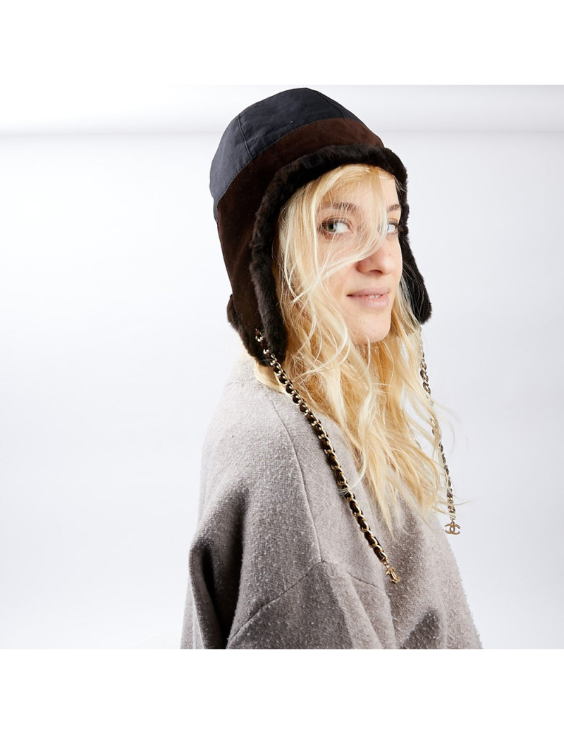 Chapka CHANEL bi-matière marron