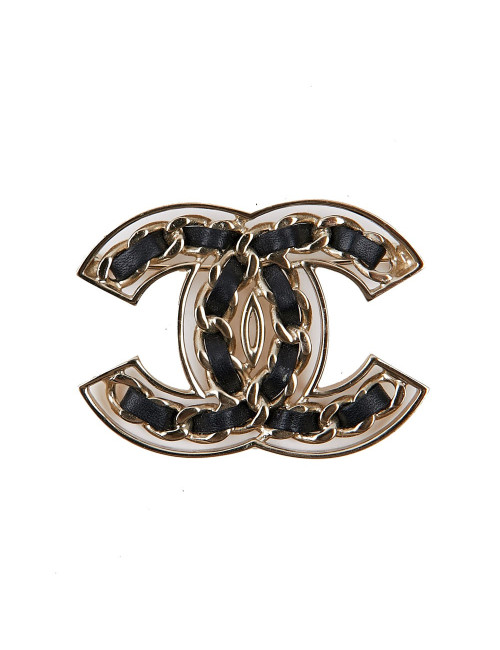 Broche CHANEL métal or entrelacée de cuir noir