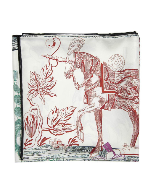 Carré HERMES Della Cavalleria Favolosa en soie blanc bleu rose et vert