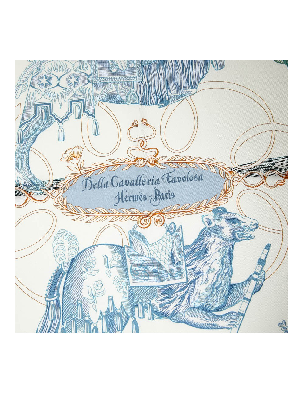Carré HERMES Della Cavalleria Favolosa en soie blanc bleu rose et vert