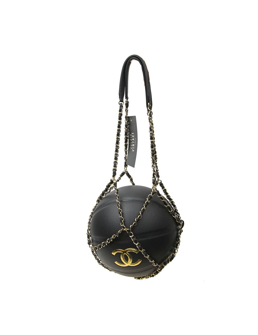 CHANEL Black BasketBall with its Chain in Leather and Metal