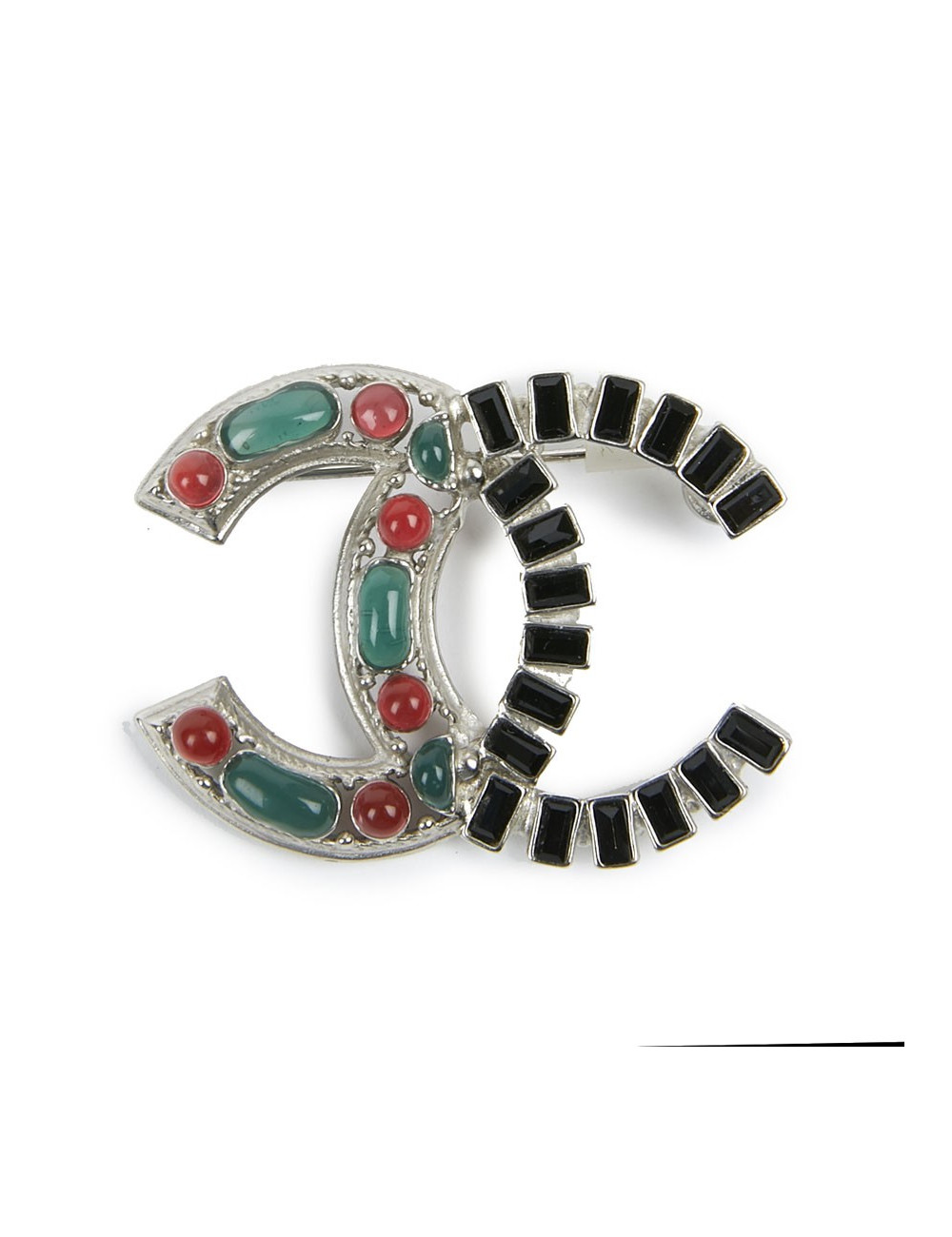 Broche CHANEL "CC" argent et pâte de verre émeraude et rubis