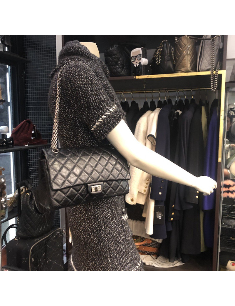 Sac Mademoiselle 2.55 CHANEL cuir froissé noir