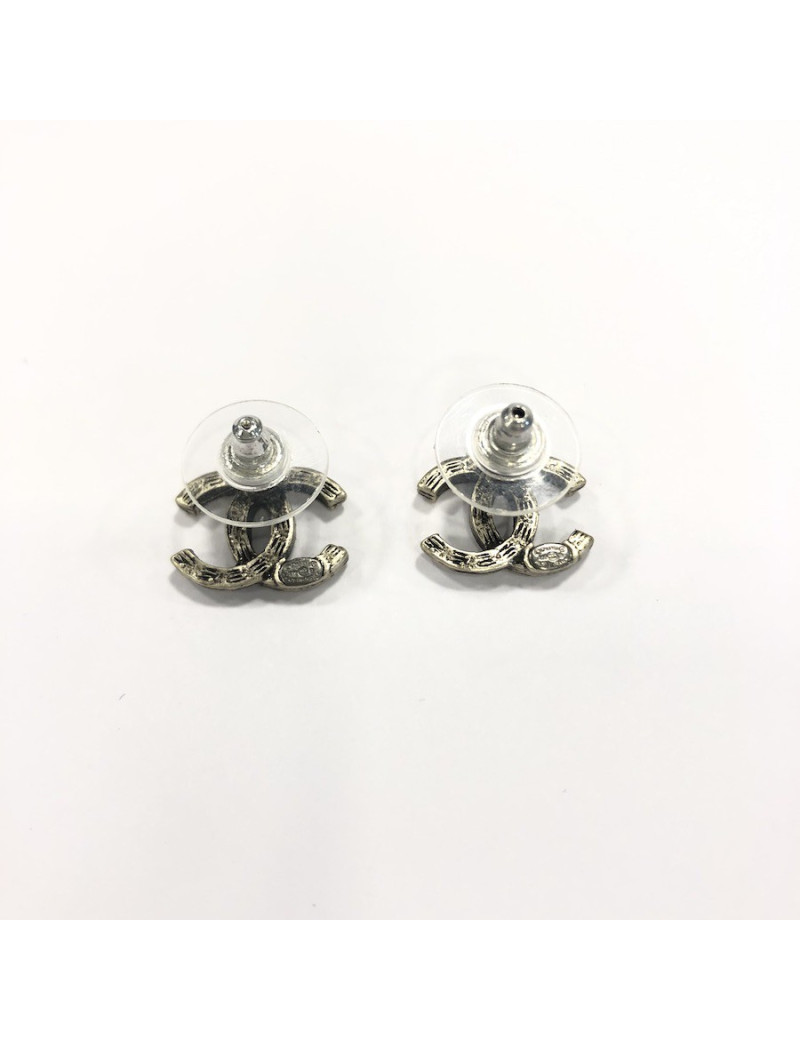 Boucles d'oreille CHANEL  argent vieilli strass