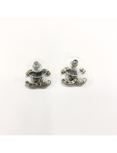 Boucles d'oreille CHANEL  argent vieilli strass