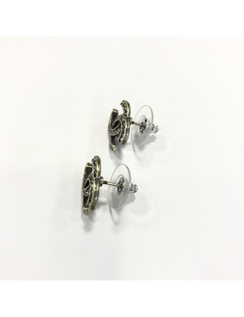 Boucles d'oreille CHANEL  argent vieilli strass