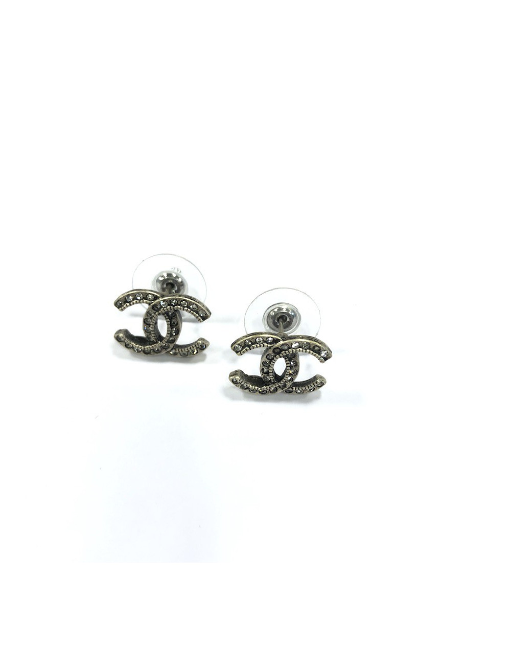 Boucles d'oreille CHANEL  argent vieilli strass