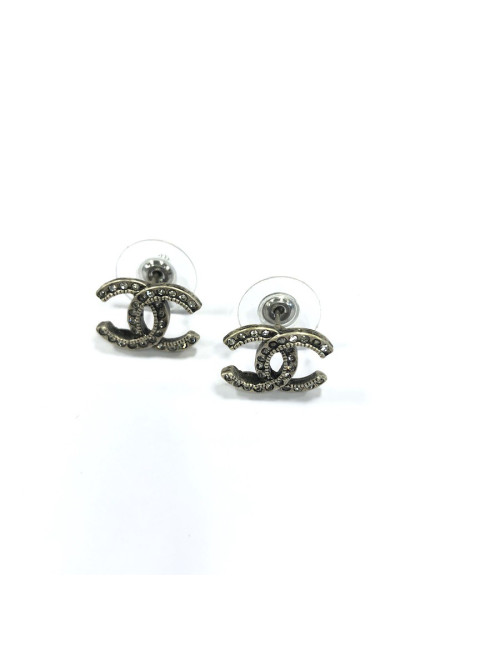 Boucles d'oreille CHANEL  argent vieilli strass