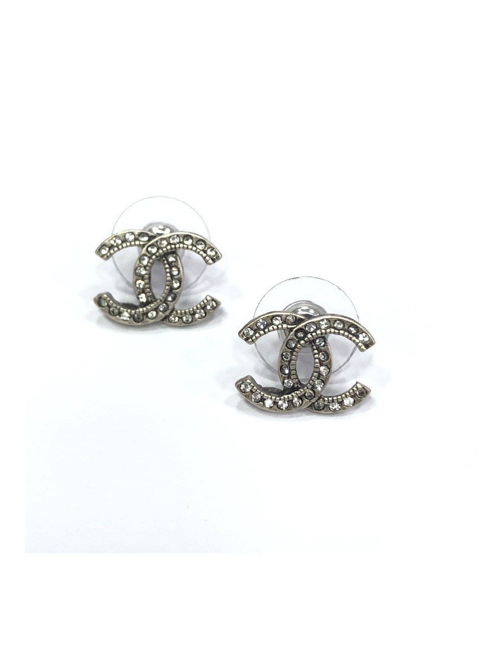 Boucles d'oreille CHANEL  argent vieilli strass