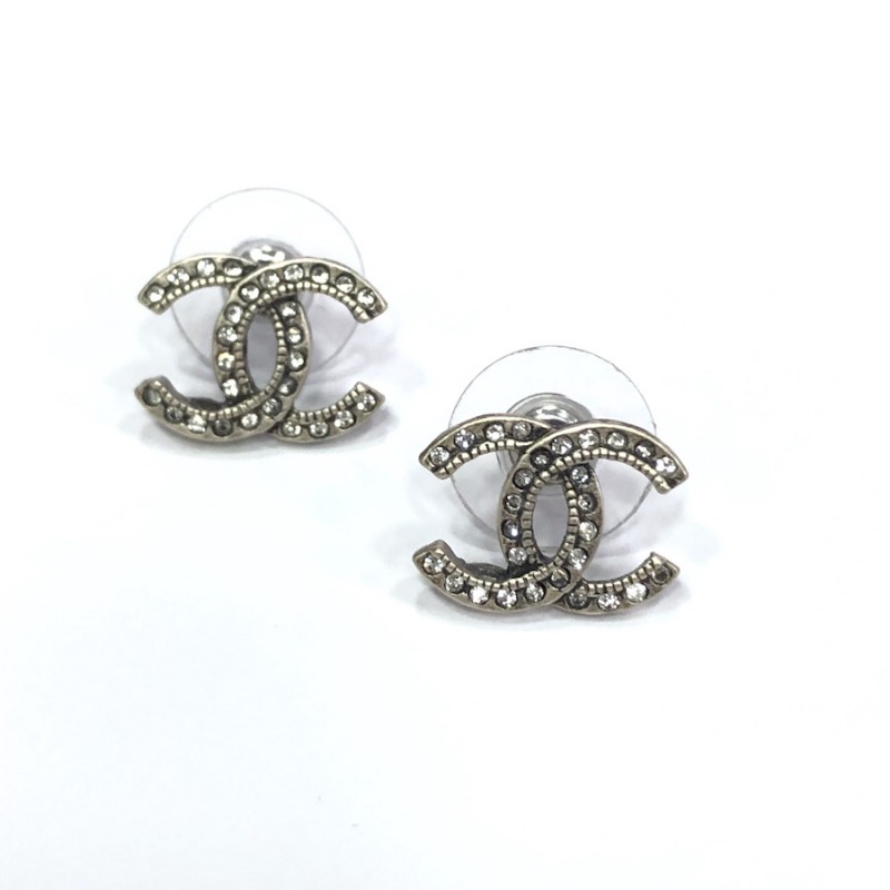 CHANEL CC Stud Earrings in Aged Silver Metal and Rhinestones - VALOIS  VINTAGE PARIS