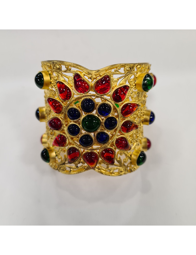 Manchette vintage Chanel pâte de verre rouge, bleu saphir, vert