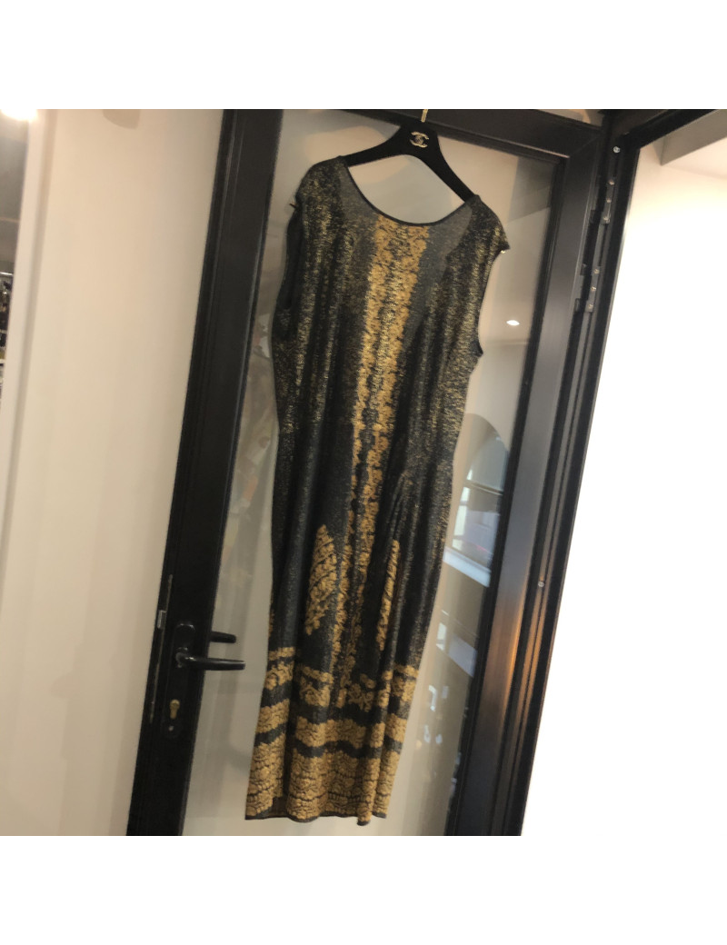 Robe CHANEL noire et or en coton T44