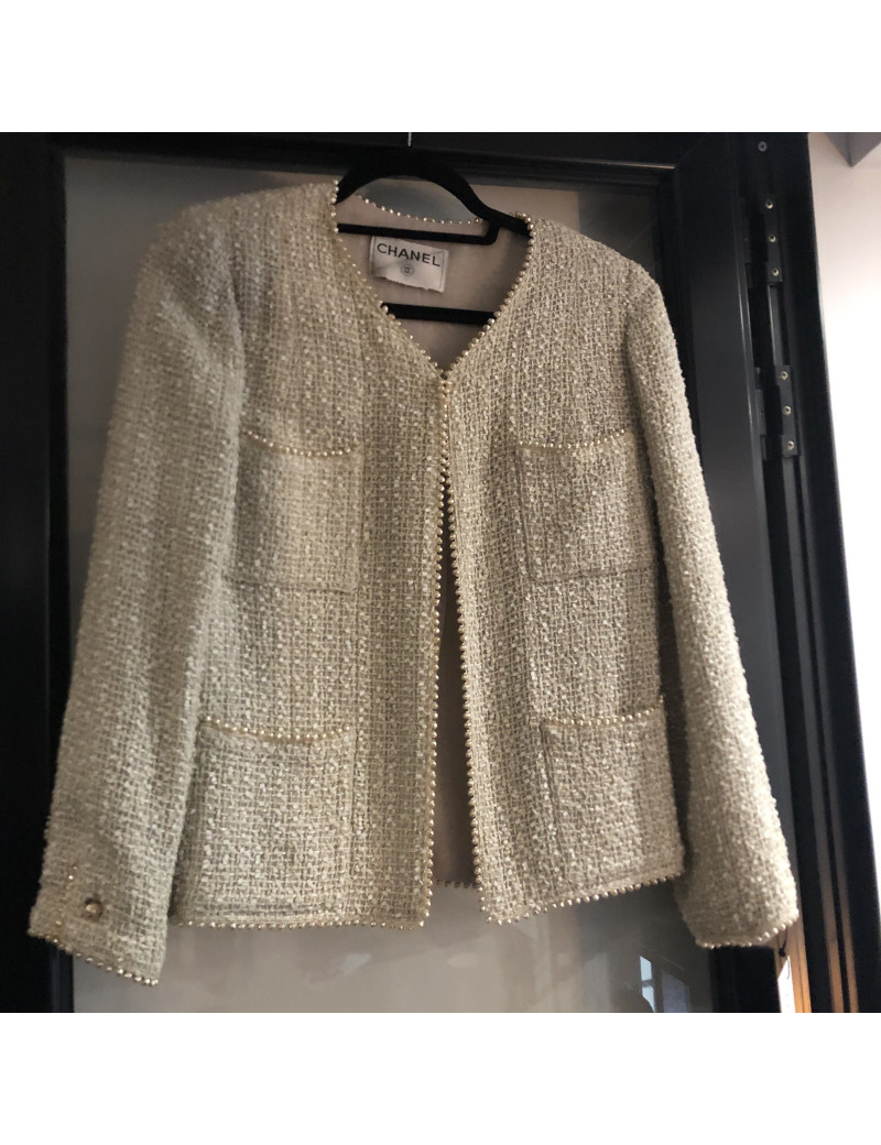 Veste CHANEL T38 laine et coton perles nacrées