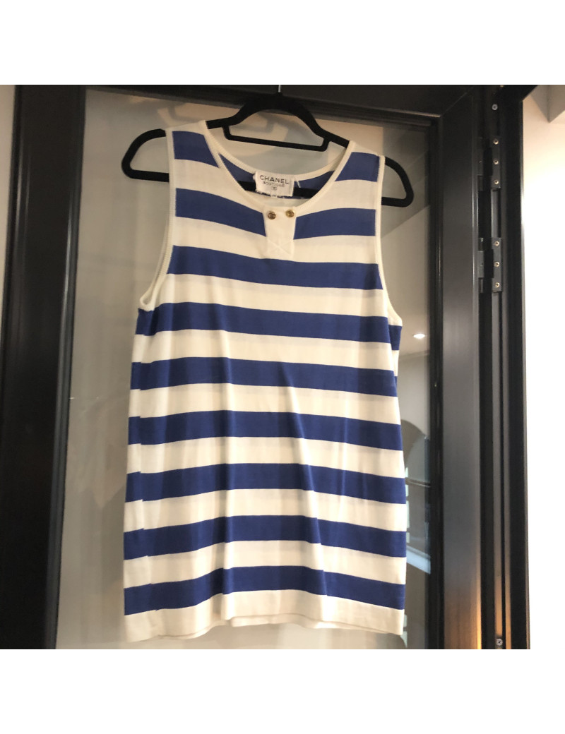 Pull T 40 CHANEL sans manches coton rayé blanc et bleu