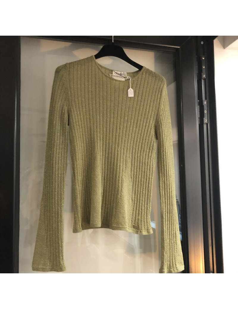Haut CHANEL T 40 laine kaki avec paillettes dorées
