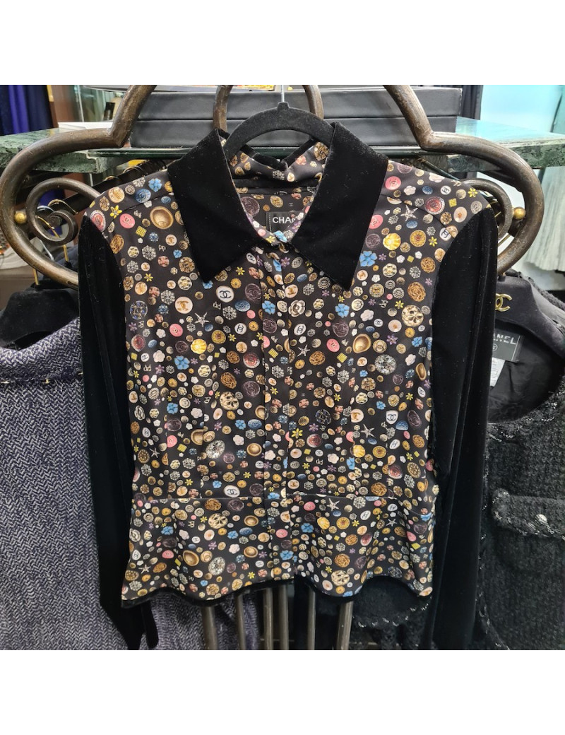 Blouse T 42 CHANEL soie imprimé et velours noir