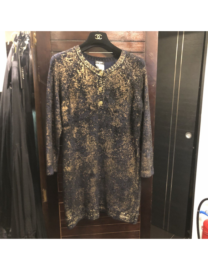 ES Robe T 40 CHANEL en laine bleu nuit et noir et or