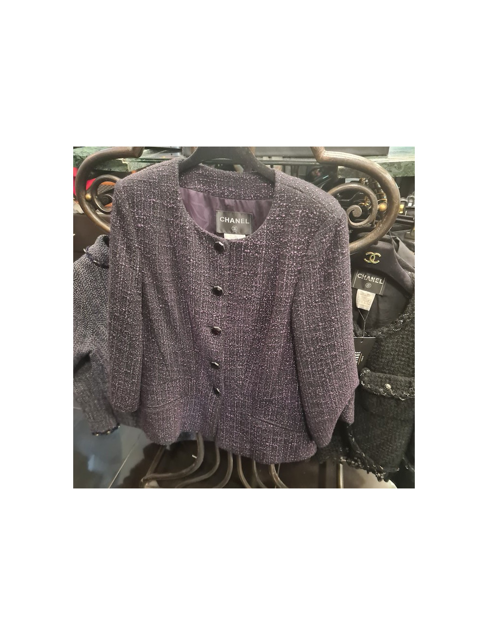 Veste T 40 CHANEL  tweed noir et points violet