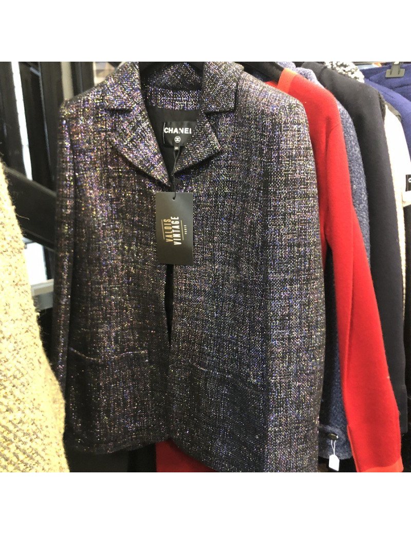Veste CHANEL T 42 laine noire brodée de fils brillants multicolores