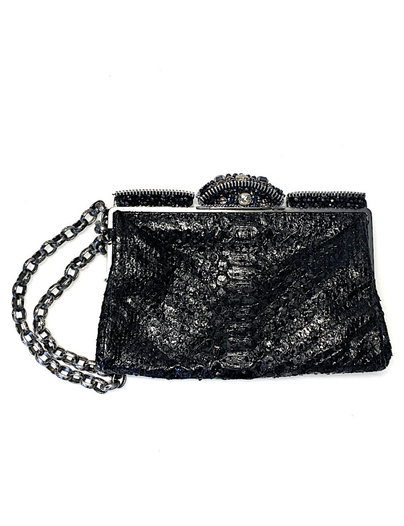 CHANEL python and rhinestones black evening clutch