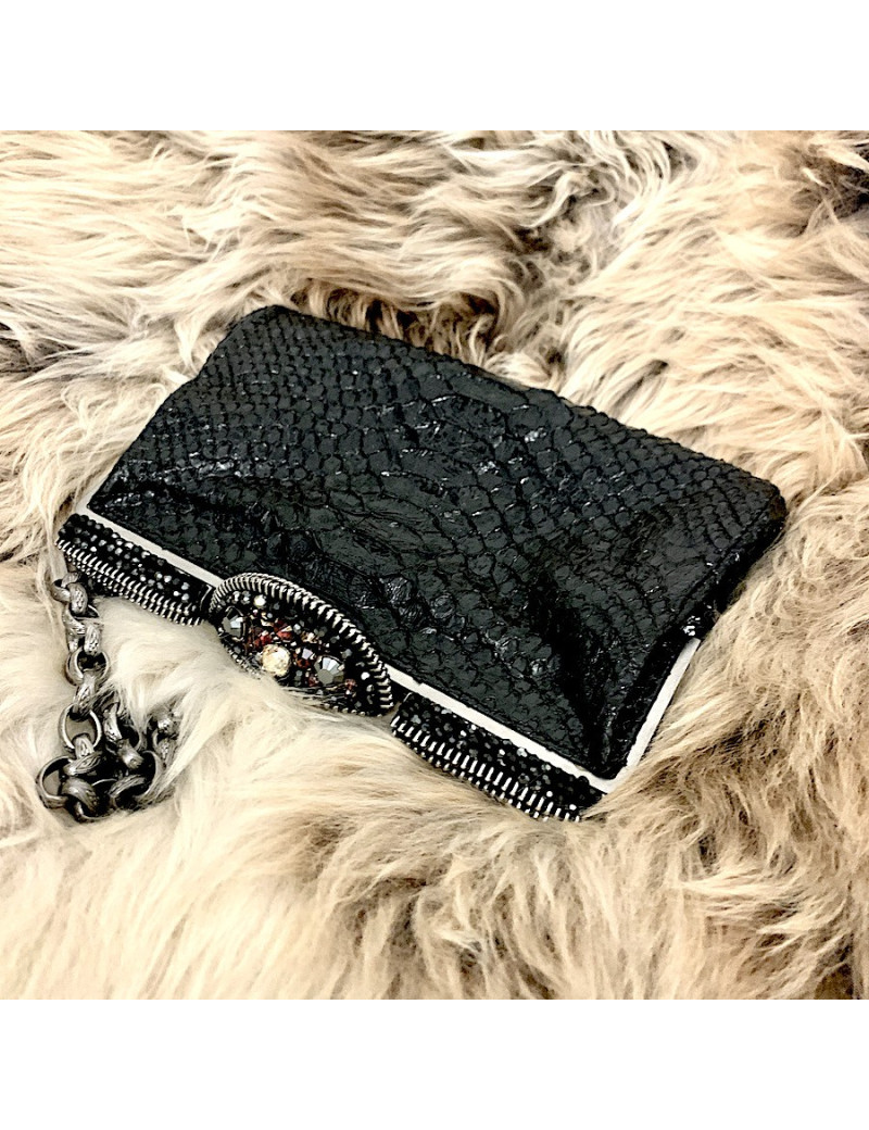 CHANEL python and rhinestones black evening clutch
