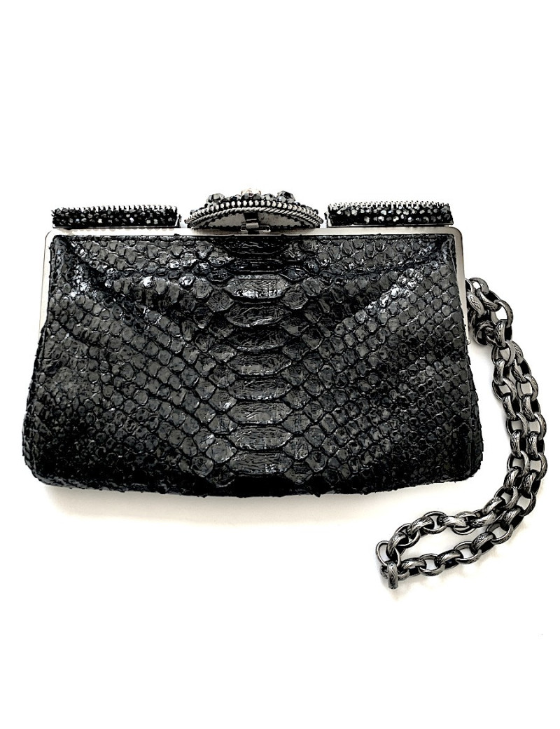 CHANEL python and rhinestones black evening clutch