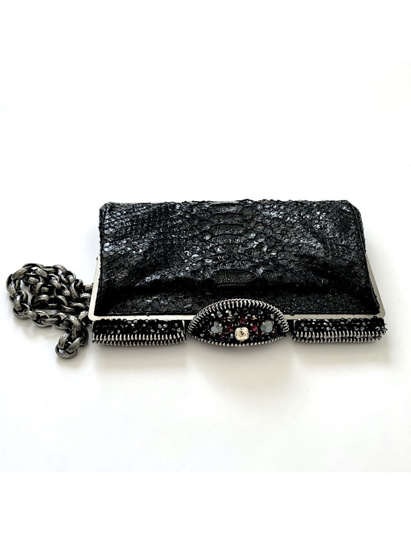 CHANEL python and rhinestones black evening clutch
