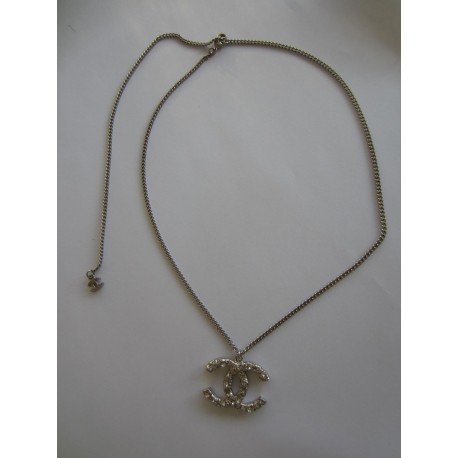Authentic Chanel Classic CC Silver Rhinestones Necklace
