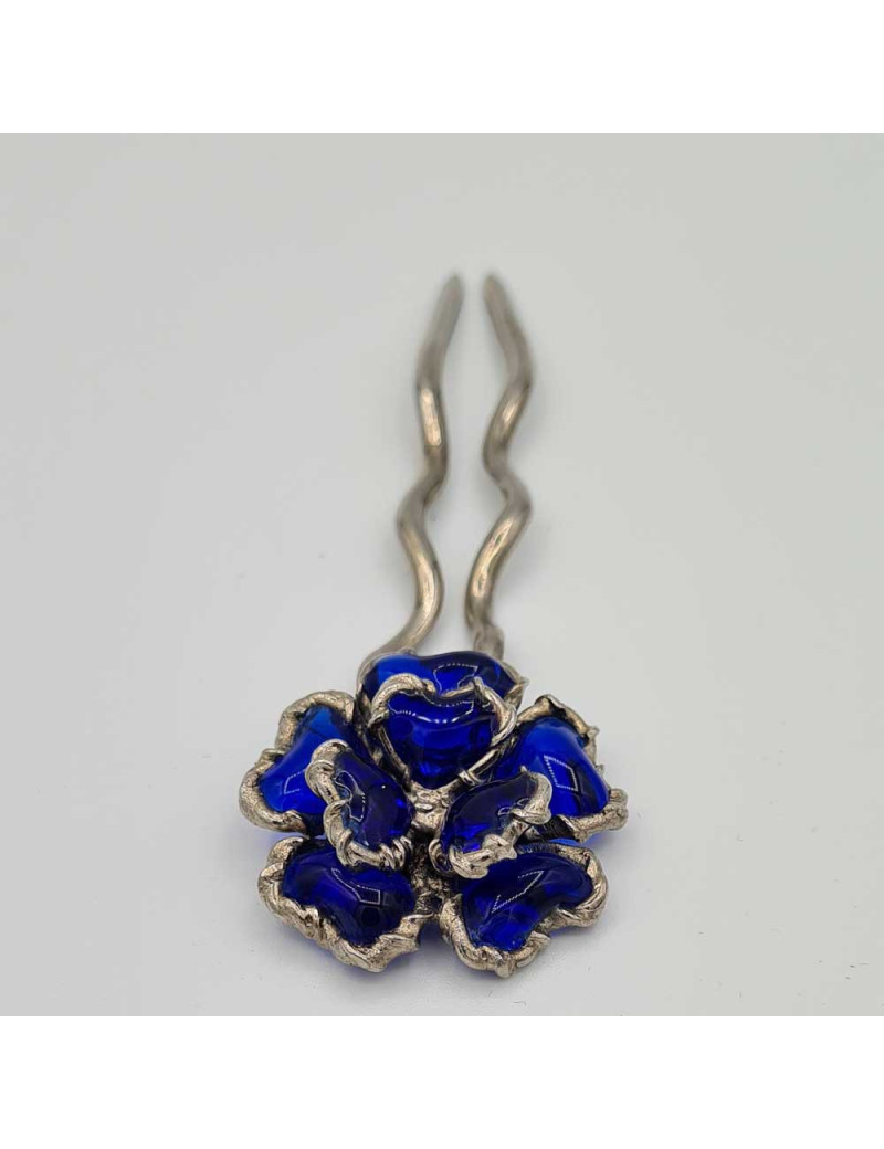 Épingle à cheveux GRIPOIX en métal argent et pâte de verre bleu