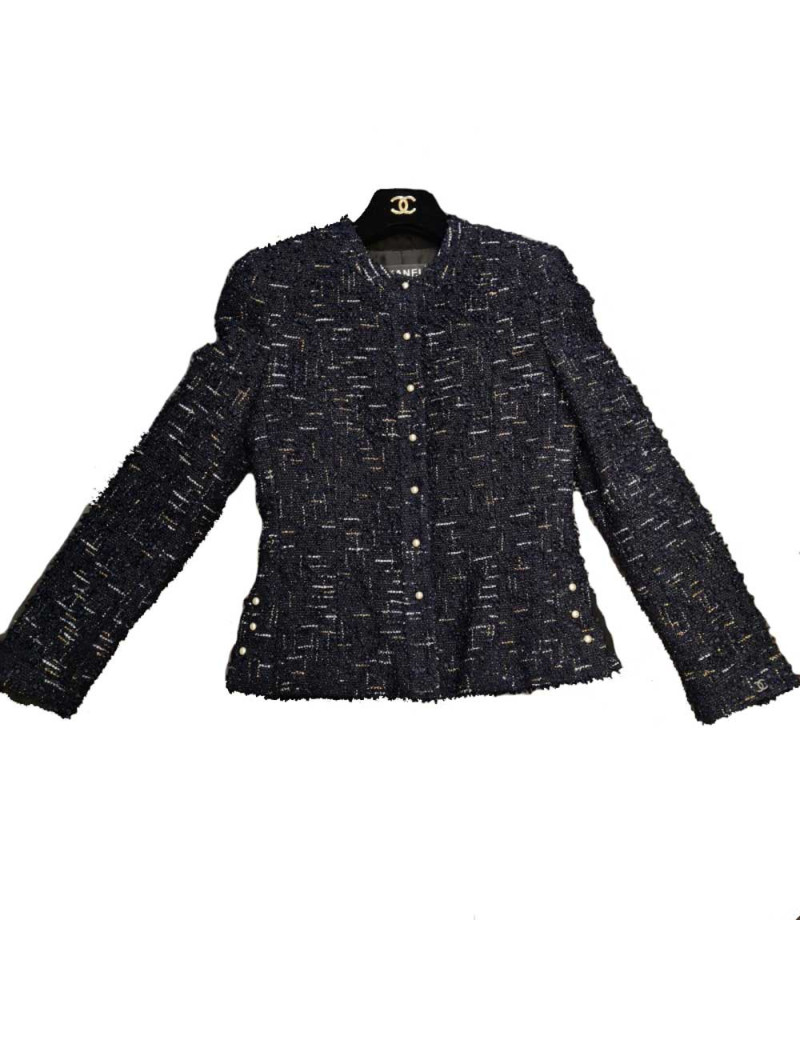 Veste T34  CHANEL en tweed bleu et noir avec fils argenté et doré