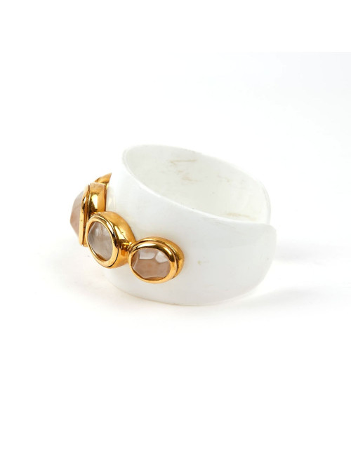 GOOSSENS Cuff Bracelet in White Resin and Rock Crystal Cabochons