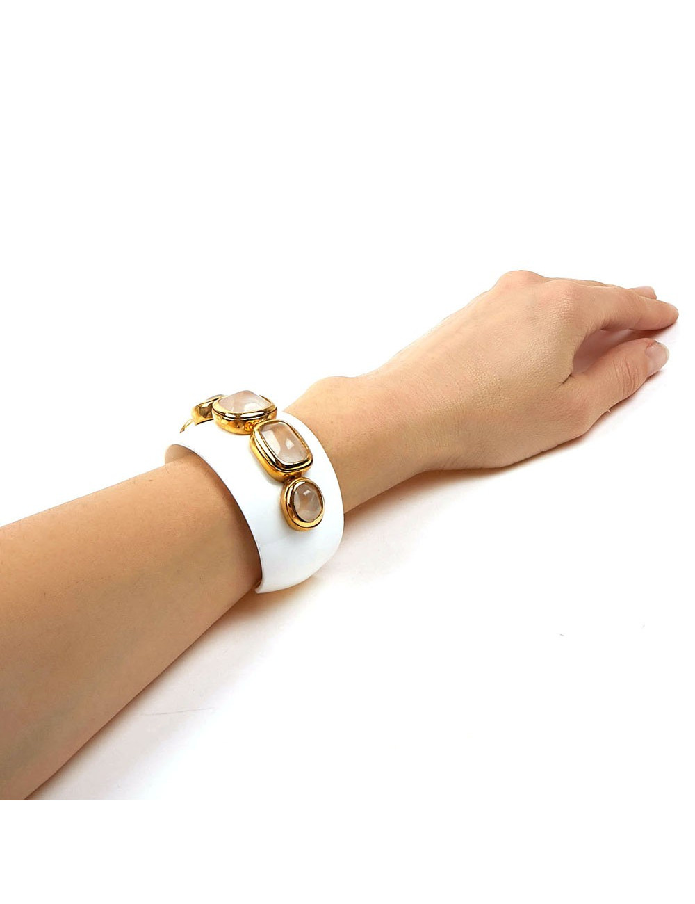 GOOSSENS Cuff Bracelet in White Resin and Rock Crystal Cabochons