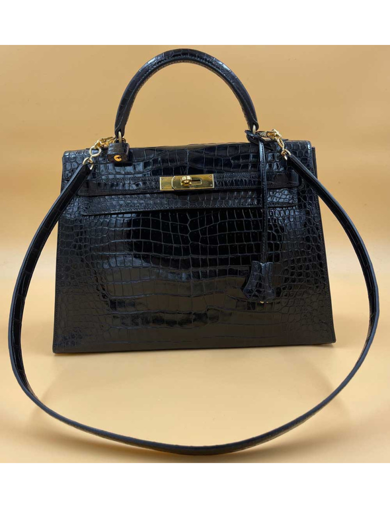 Kelly 32 sellier HERMES porosus noir Vintage