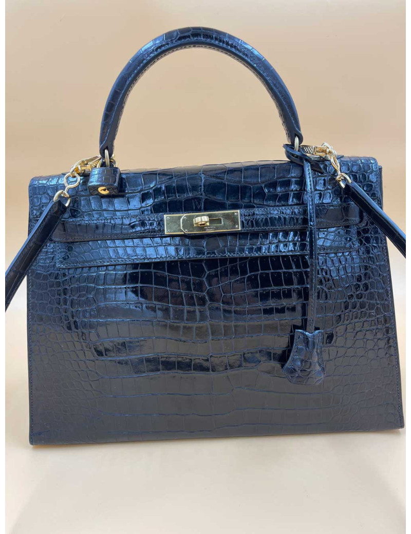 Kelly 32 sellier HERMES porosus noir Vintage