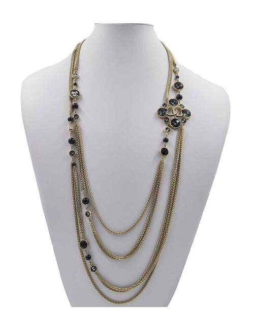 Sautoir CHANEL métal doré, perles et brillants noirs