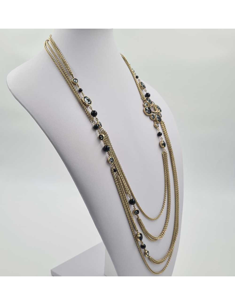 Sautoir CHANEL métal doré, perles et brillants noirs