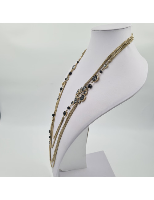 Sautoir CHANEL métal doré, perles et brillants noirs