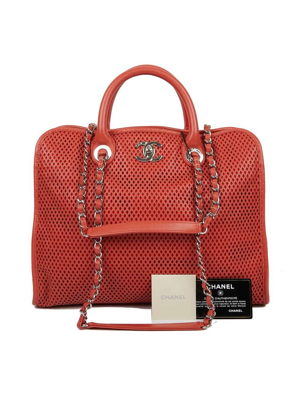 CHANEL Coral Perforated Leather Tote Bag