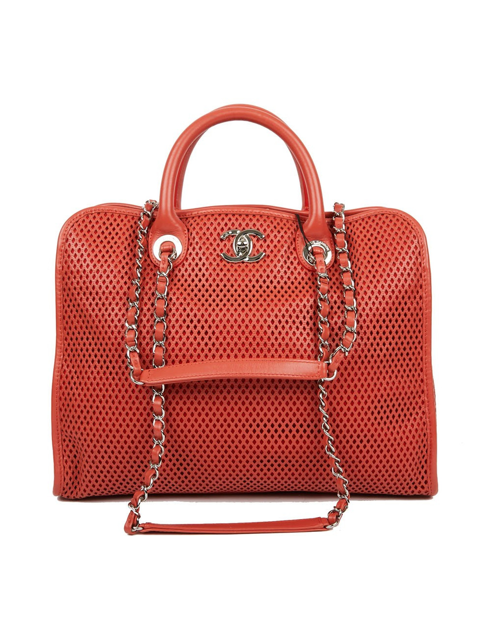 CHANEL Coral Perforated Leather Tote Bag